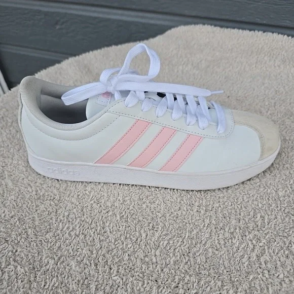 Adidas VL Court Based Shoes Sneakers White With Pink Stripes Women's Sz 9.5 - Picture 2 of 15